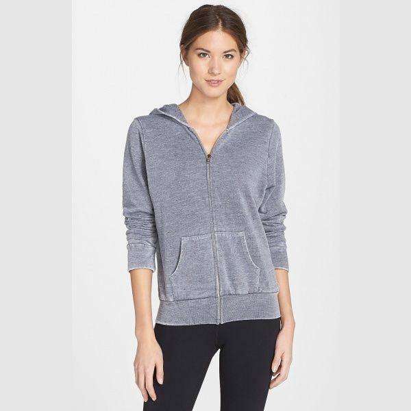 MONROW VINTAGE BURNOUT ZIP FRONT 3/4 LENGTH SLEEVE HOODIE SMALL