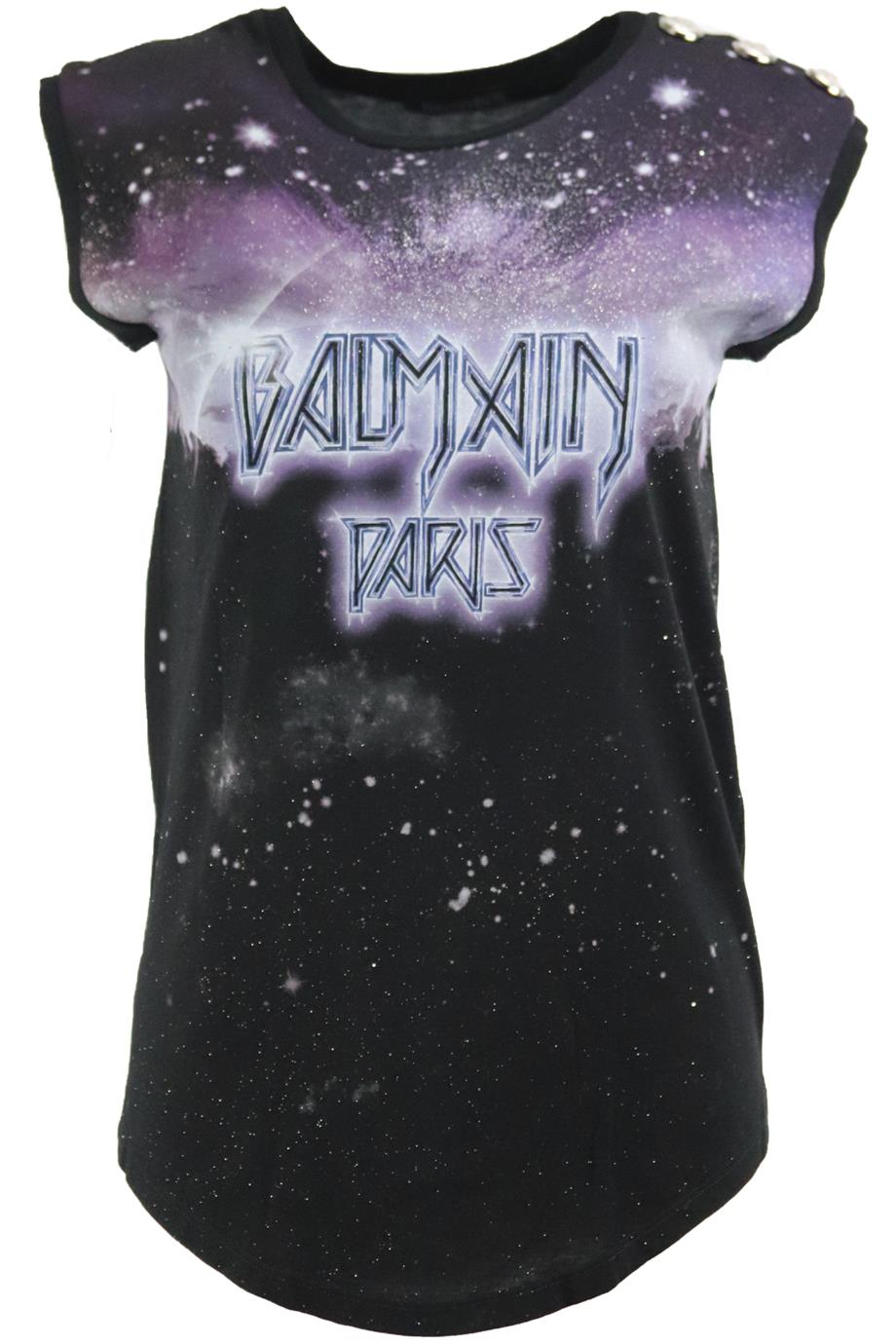 BALMAIN EMBELLISHED PRINTED COTTON JERSEY TOP FR 36 UK 8