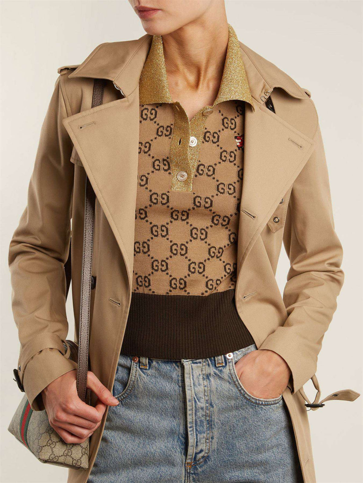 GUCCI CONTRAST-COLLAR GG-JACQUARD WOOL SWEATER SMALL