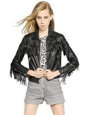 SAINT LAURENT NAPPA LEATHER FRINGE PERFECTO JACKET UK 8