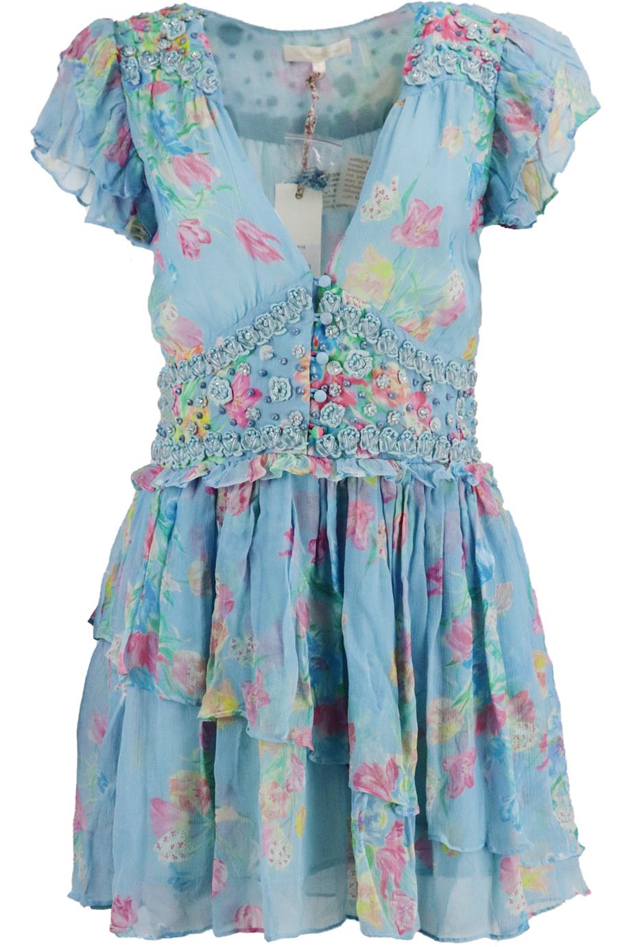 LOVESHACKFANCY EMBELLISHED FLORAL PRINT CREPON MINI DRESS US 6 UK 10