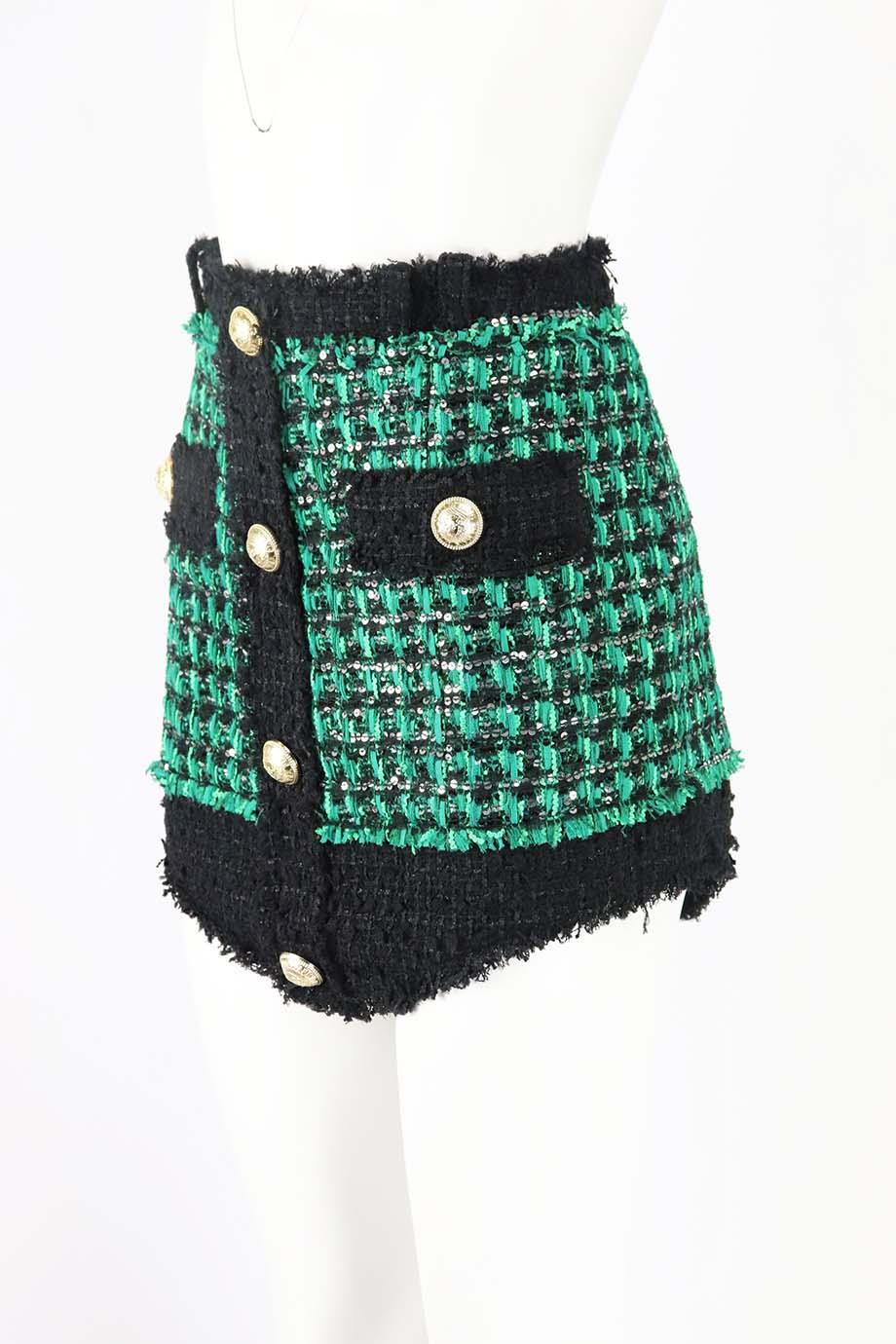 BALMAIN BUTTON EMBELLISHED METALLIC BOUCLÉ TWEED MINI SKIRT FR 42 UK 14