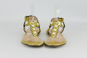 GUCCI FAUX PEARL EMBELLISHED METALLIC LEATHER SANDALS EU 38 UK 5 US 8