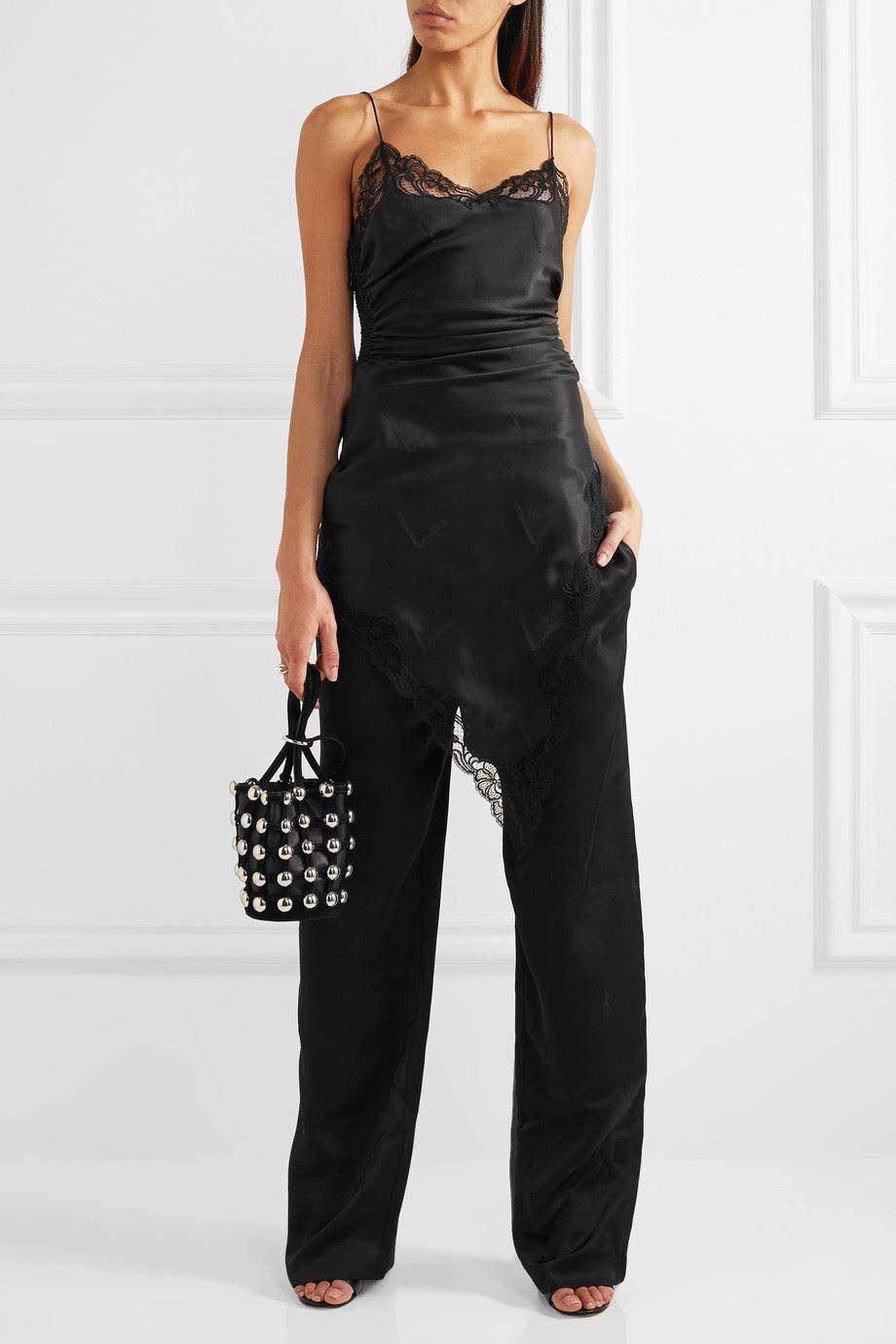 ALEXANDER WANG ASYMMETRIC LACE-TRIMMED SILK-JACQUARD DRESS US 2 UK 6