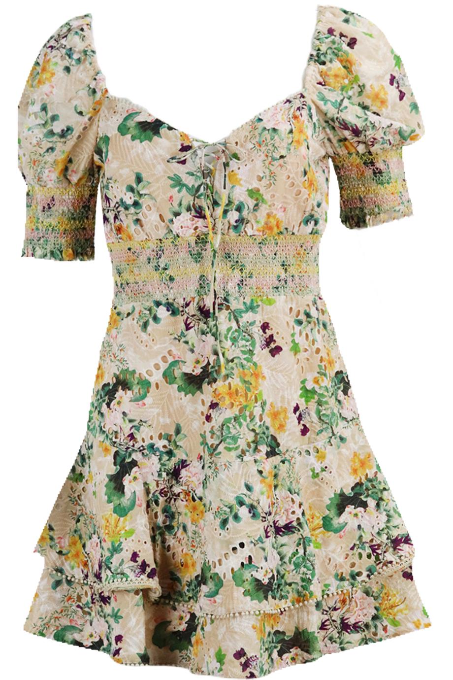 ALICE AND OLIVIA SHIRRED FLORAL PRINT COTTON MINI DRESS UK 8