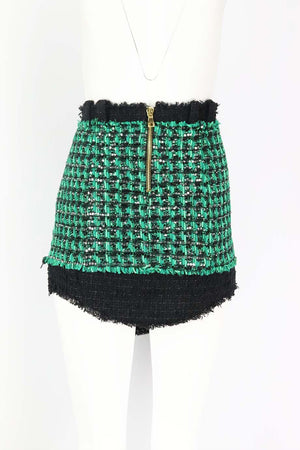 BALMAIN BUTTON EMBELLISHED METALLIC BOUCLÉ TWEED MINI SKIRT FR 42 UK 14
