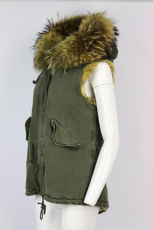 GOLD RUSH HOODED FOX FUR LINED COTTON CANVAS GILET IT 42 UK 10