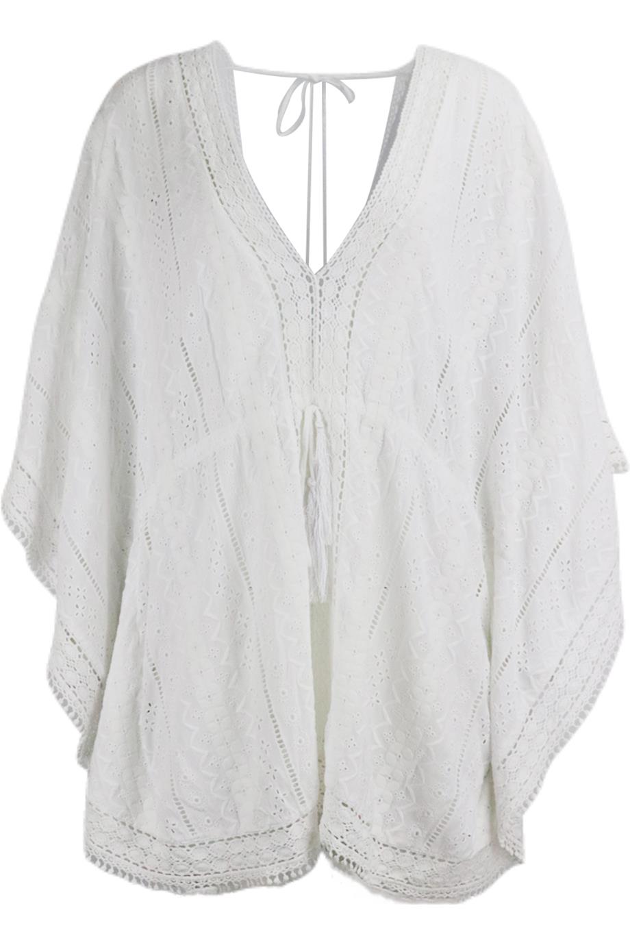 MELISSA ODABASH CROCHET TRIMMED EMBROIDERED VOILE KAFTAN ONE SIZE