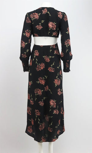 BLUE LIFE CUTOUT FLORAL PRINT CREPE MAXI DRESS SMALL