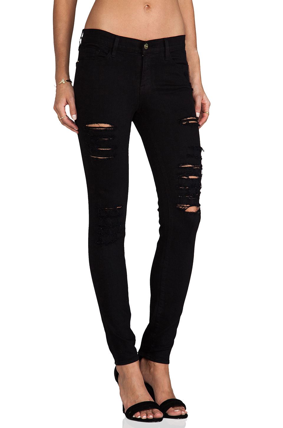 FRAME LE SKINNY DE JEANNE RIPPED BLACK JEANS W25 UK 6/8