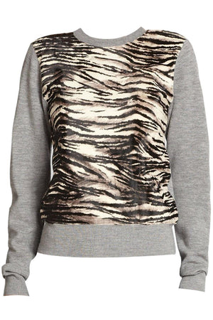A.L.C. GREY ZEBRA PRINT CALF HAIR PANEL WOOL SWEATER SMALL