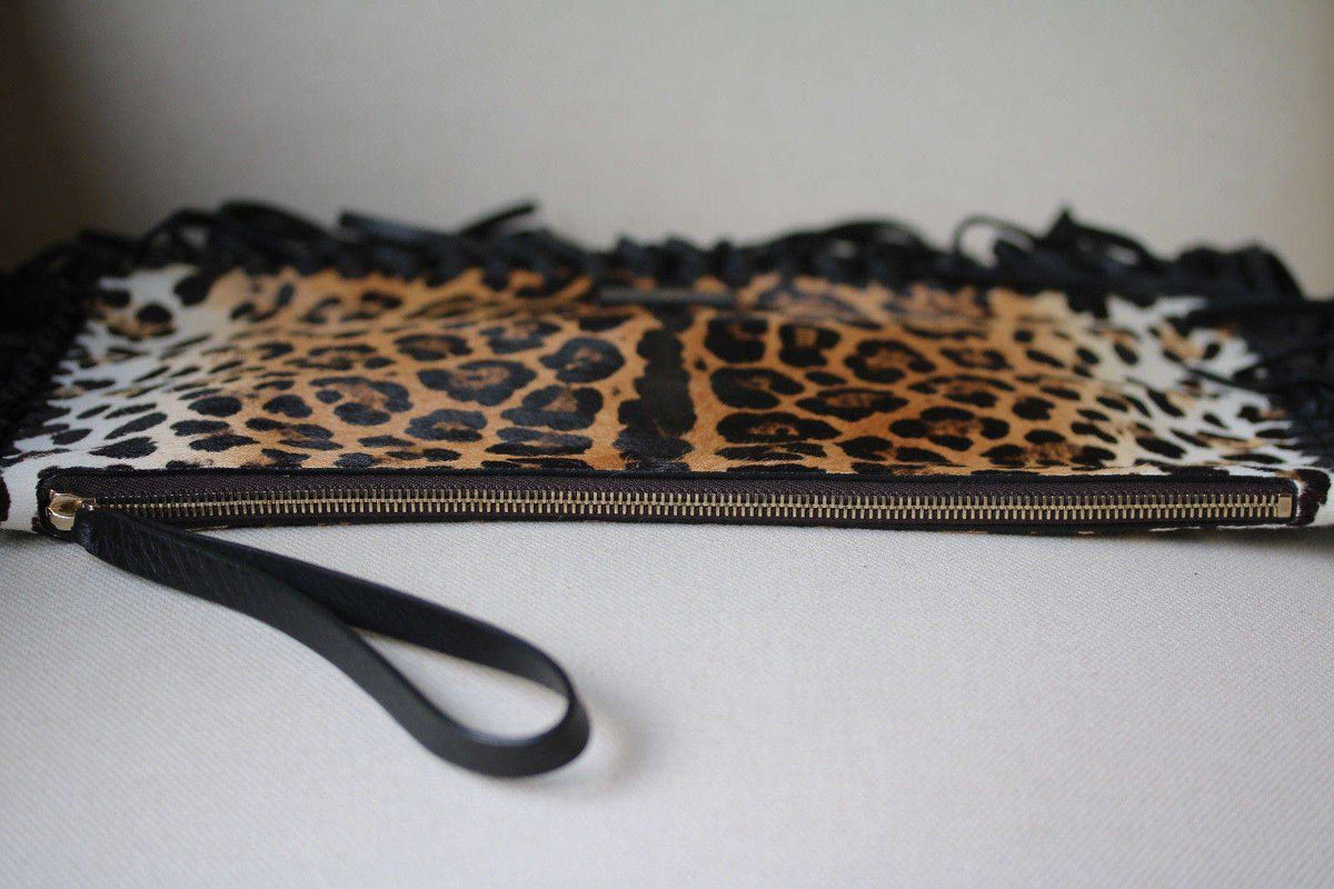 VALENTINO LEOPARD PRINT CALF HAIR FRINGE CLUTCH BAG