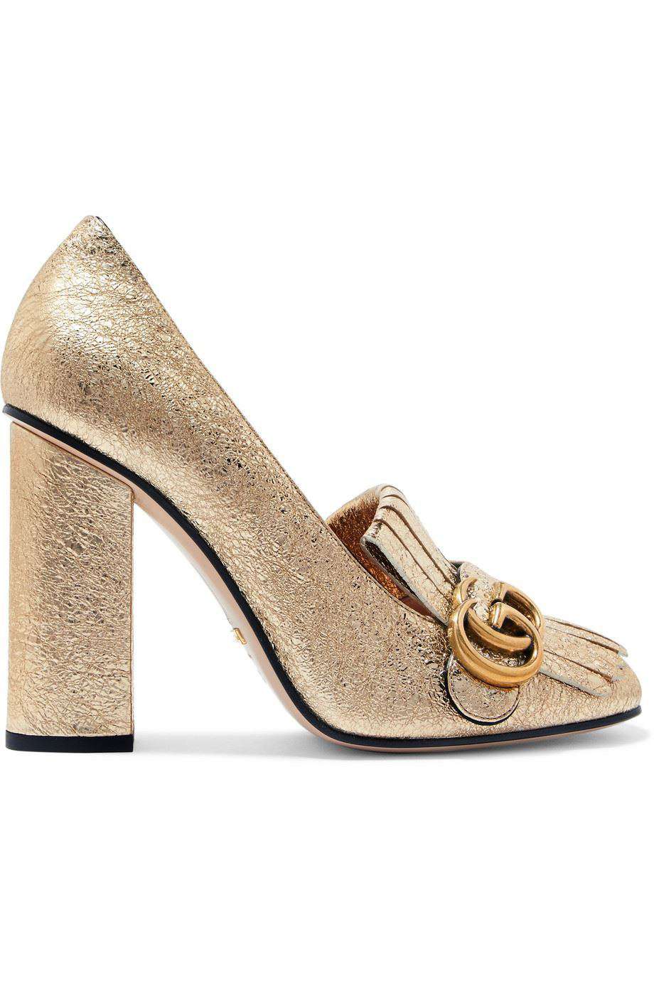 GUCCI MARMONT FRINGED LOGO METALLIC CRACKED LEATHER PUMPS EU 38 UK 5 US 8