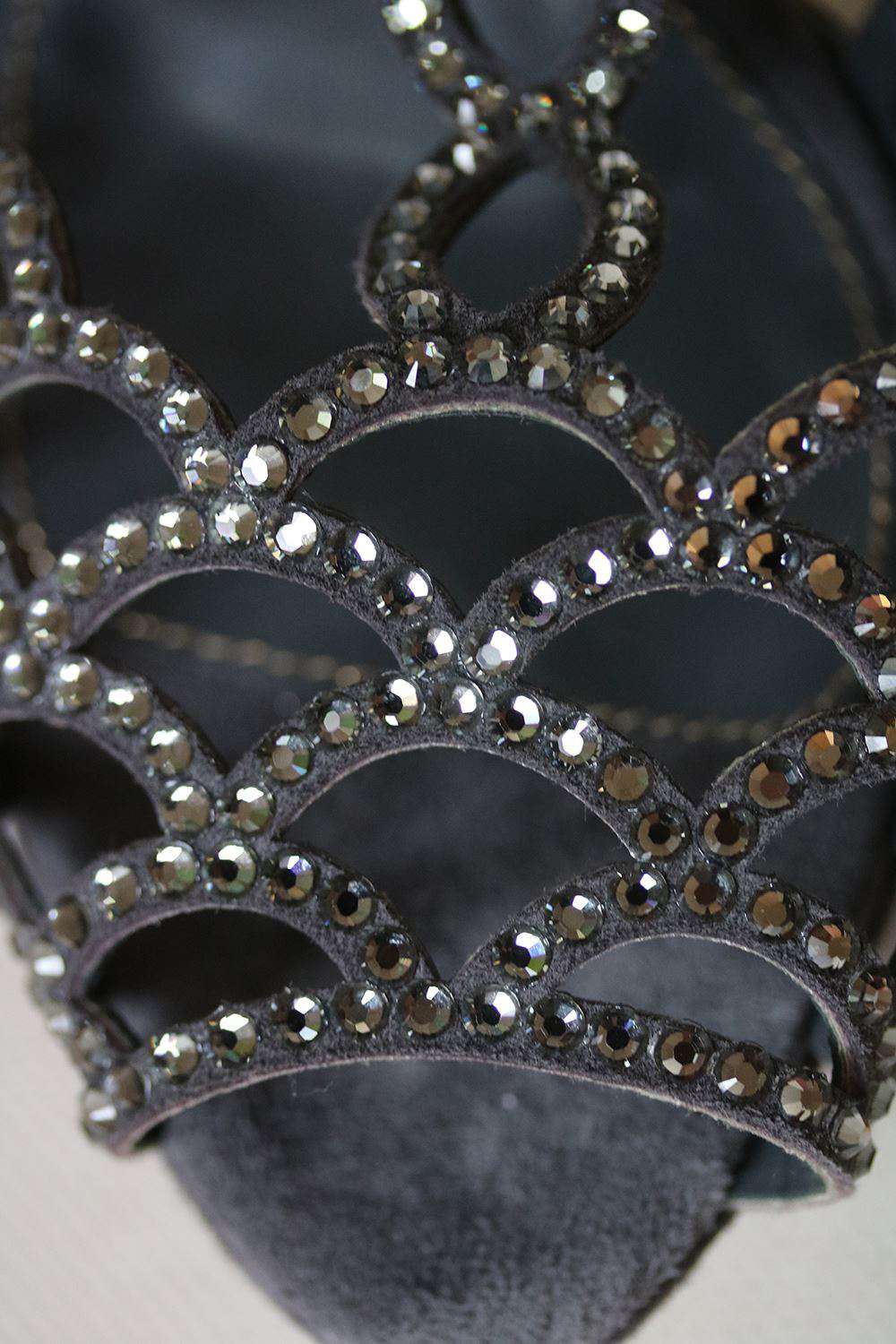 SERGIO ROSSI SCALLOPED CRYSTAL T-STRAP PLATFORM HEELS EU 38 UK 5 US 8