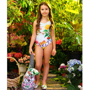 LOVE MADE LOVE GIRLS GARDEN SCENE SWIMSUIT WITH POLKADOT BOW 2-3 YEARS