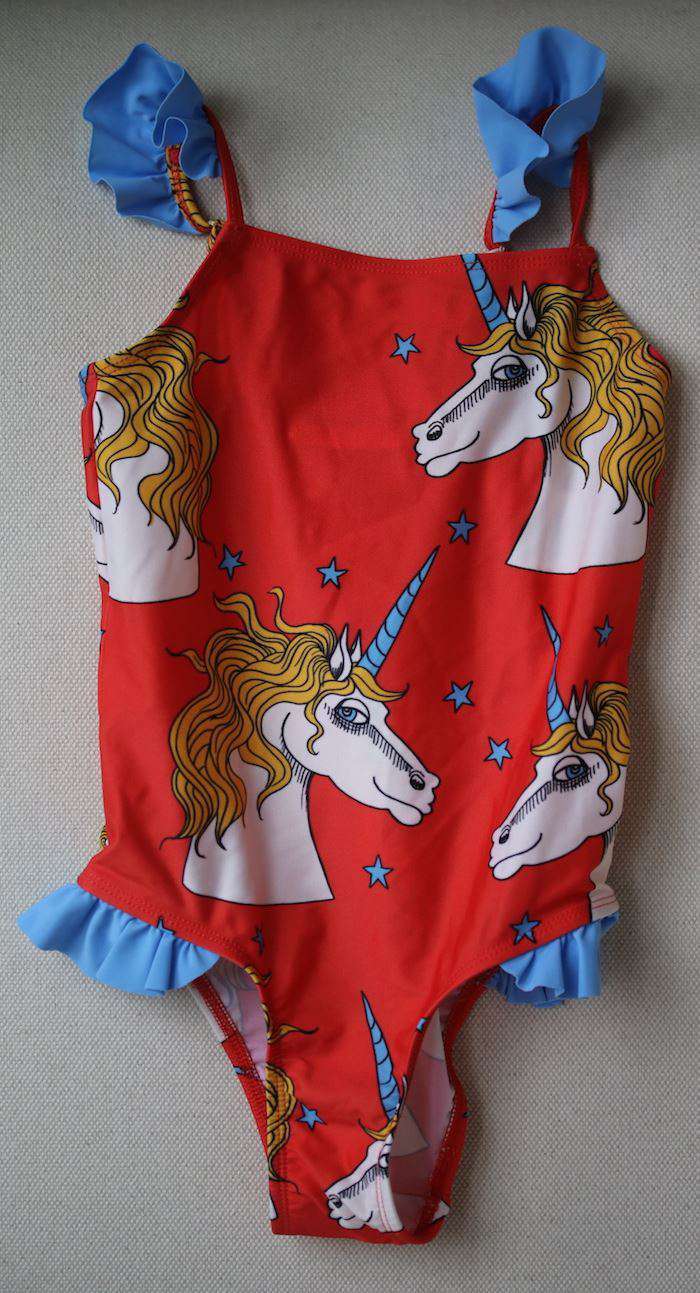 MINI RODINI GIRLS RED UNICORN PRINT SWIMSUIT 4-5 YEARS