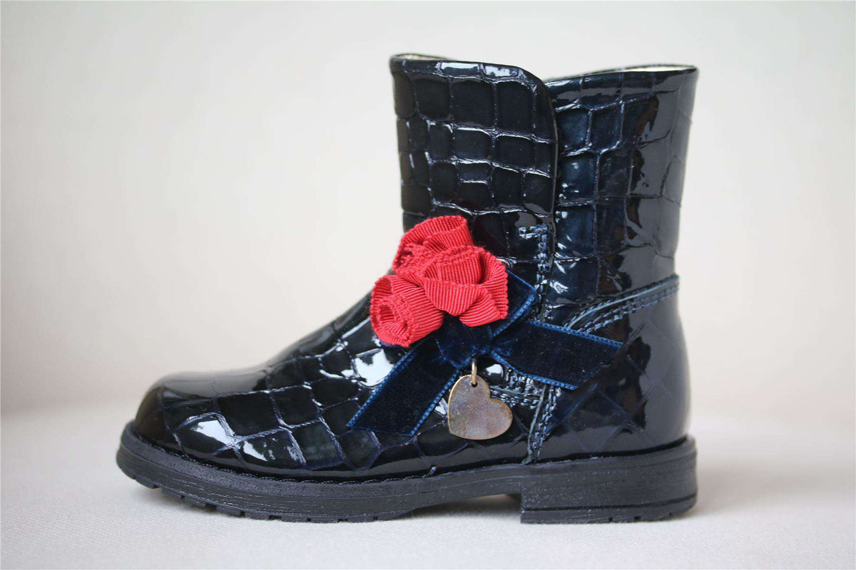 MONNALISA GIRLS DARK NAVY BLUE PATENT LEATHER BOOTS EU 23 UK 6