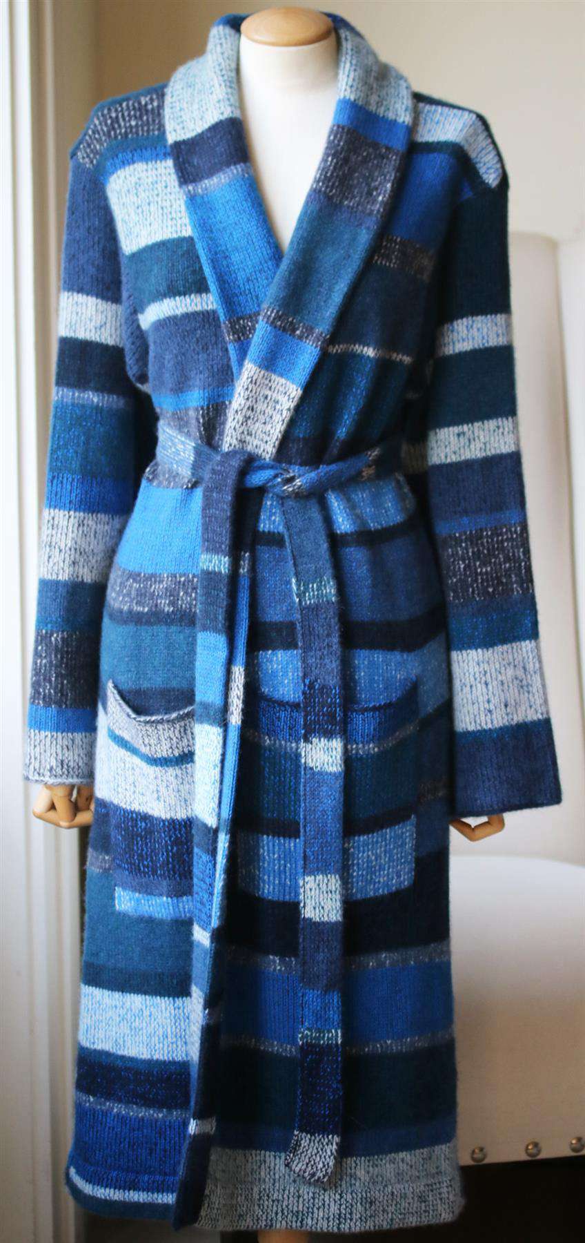 THE ELDER STATESMAN STRIPE BELTED CASHMERE CARDIGAN LARGE