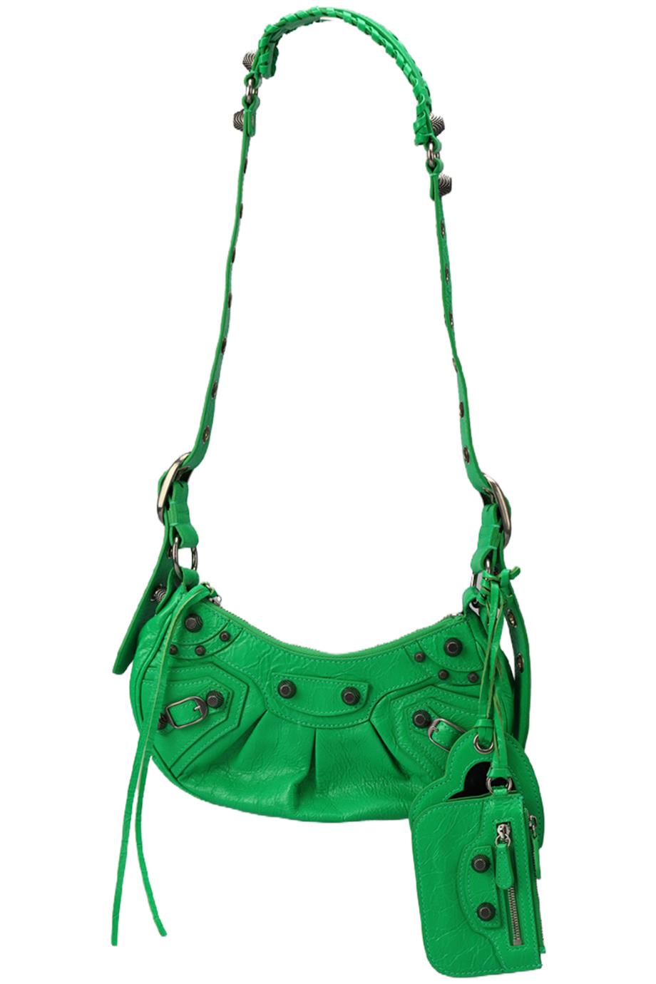BALENCIAGA LE CAGOLE XS STUDDED CRINKLED LEATHER SHOULDER BAG
