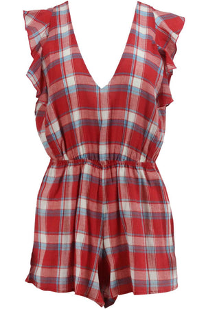 BLUE LIFE RUFFLED CHECKED COTTON VOILE PLAYSUIT SMALL