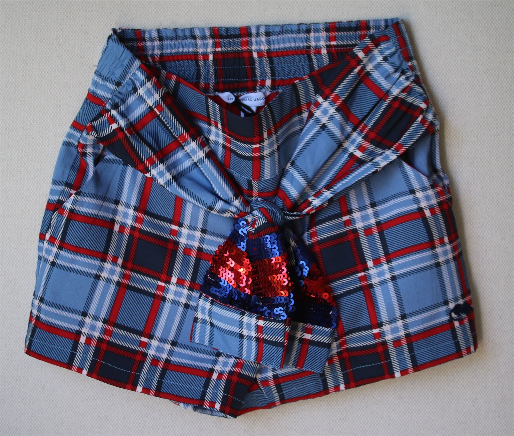 LITTLE MARC JACOBS GIRLS BLUE CHECK SHORTS WITH SEQUIN TIE UP 6 YEARS