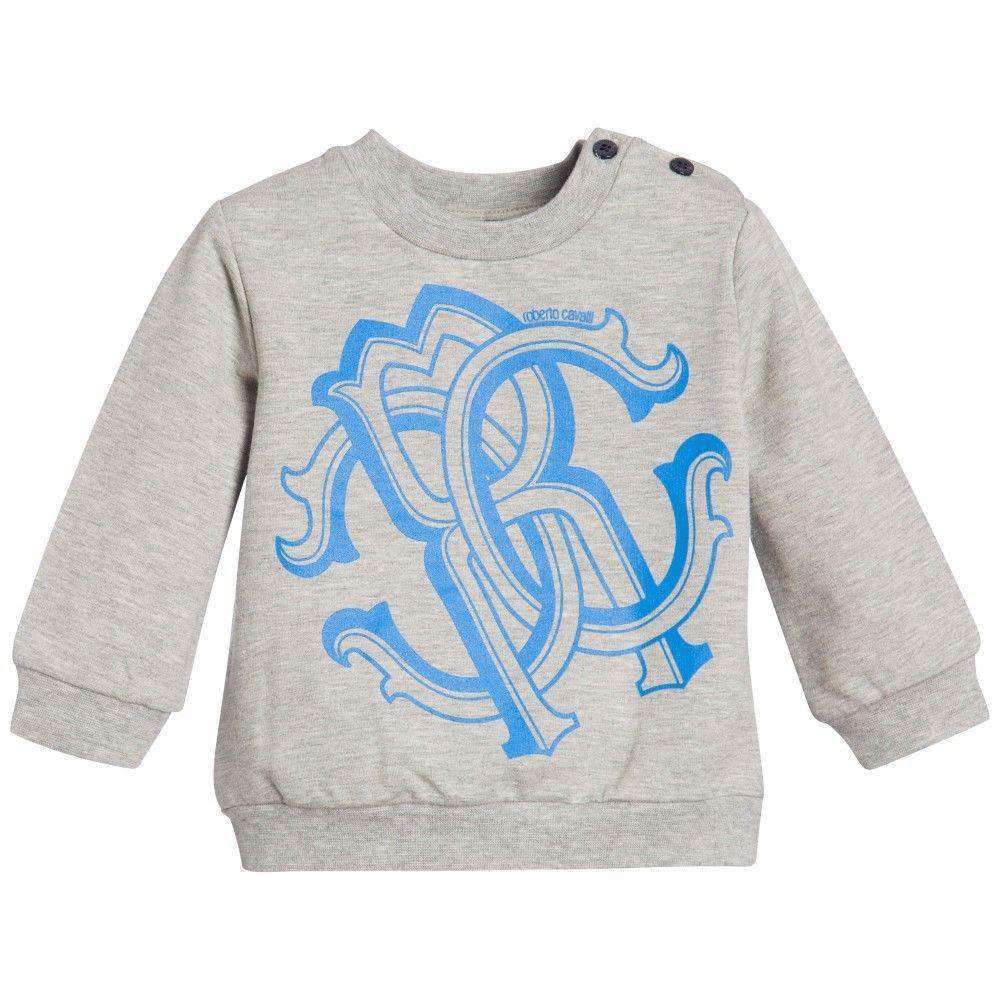 ROBERTO CAVALLI BABY GREY BLUE LOGO SWEATSHIRT 9 MONTHS