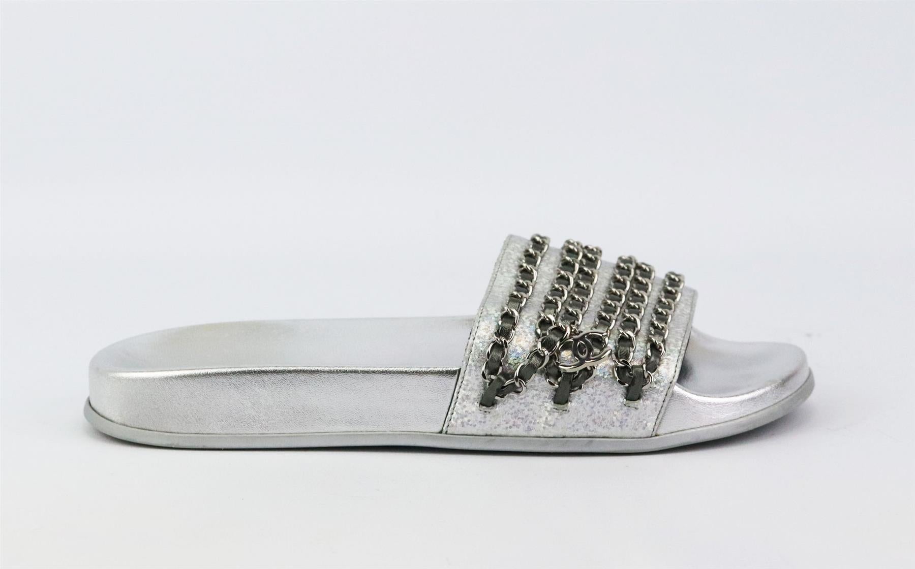 CHANEL METALLIC CC DETAILED CHAIN TRIMMED LEATHER PUMPS EU 39 UK 6 US 9