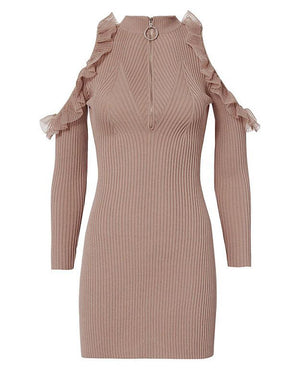 SELF-PORTRAIT RUFFLED RIBBED COLD SHOULDER DRESS LARGE