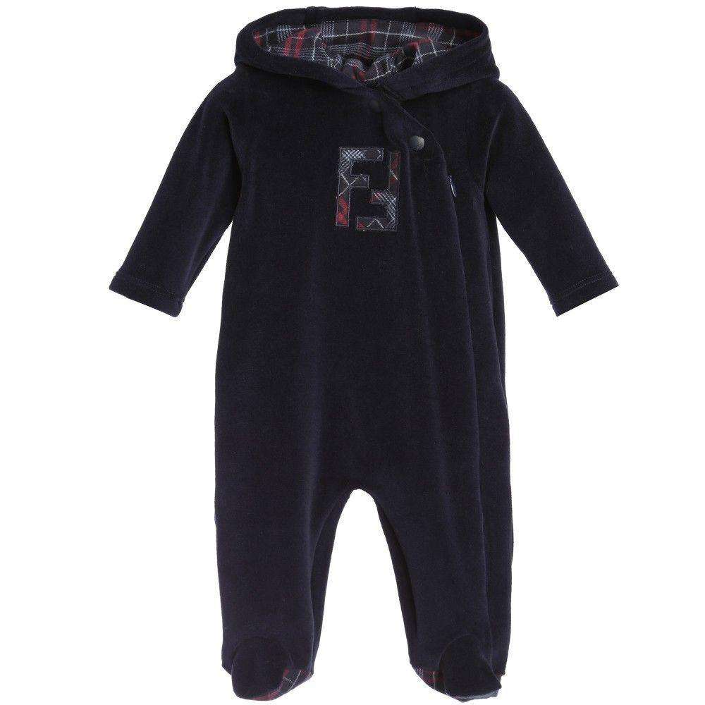 FENDI BABY BLUE NAVY VELOUR FF LOGO BABYGROW 9 MONTHS