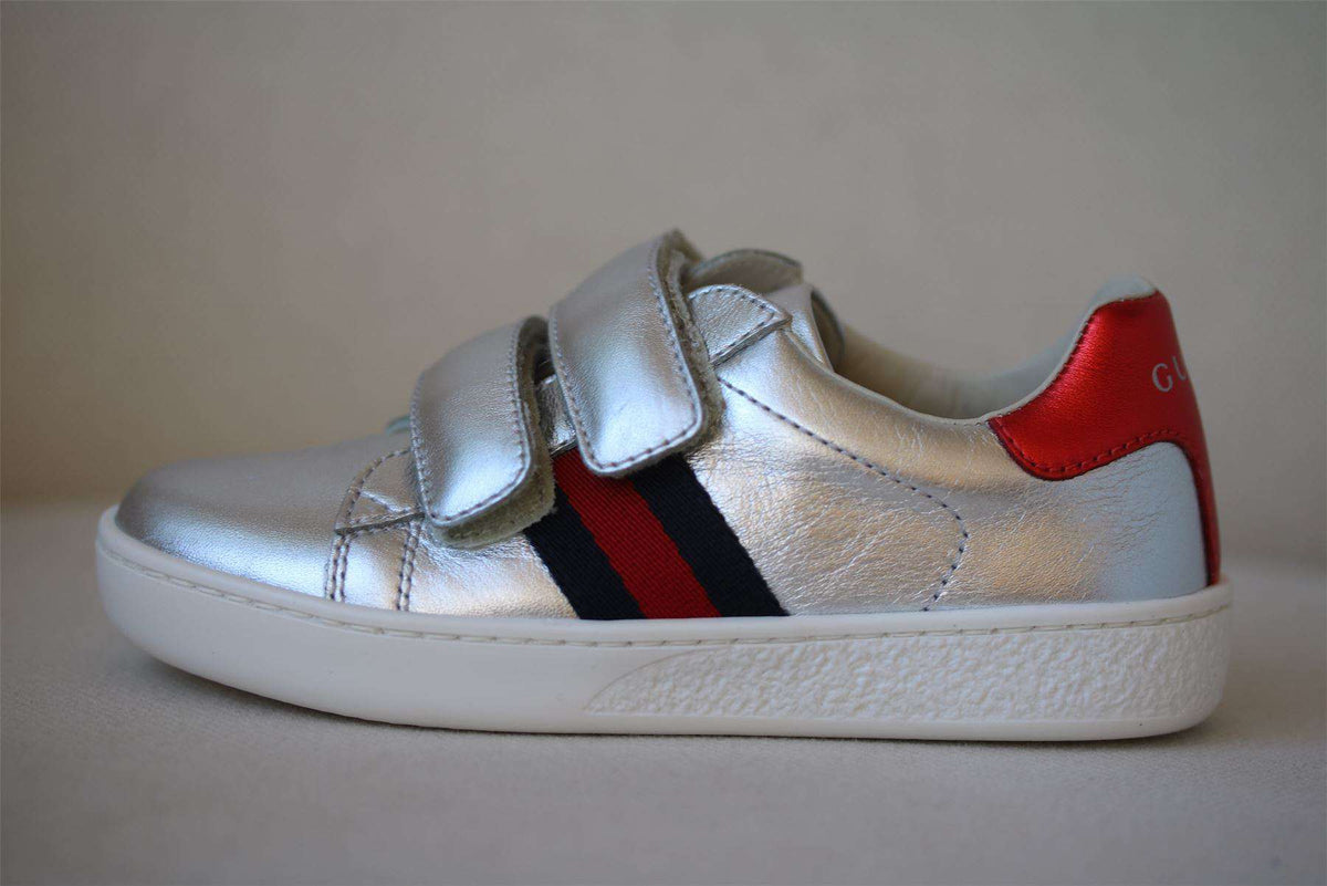 GUCCI SILVER WEB LEATHER TRAINERS EU 25 UK 8