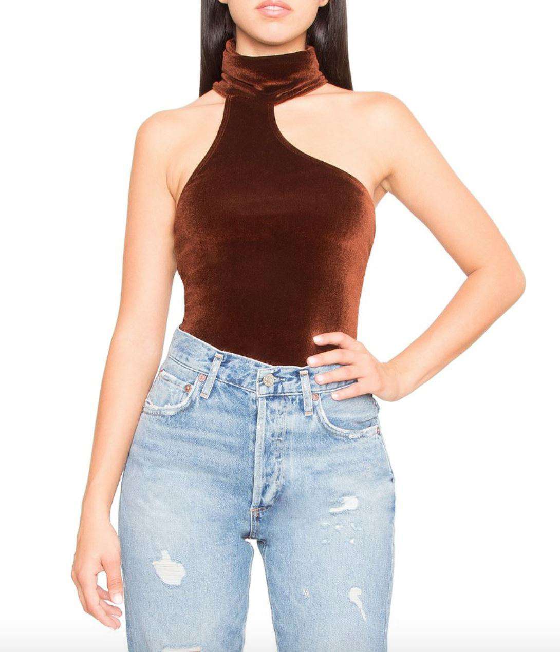 ALIX CARMINE HIGH NECK VELVET BODYSUIT XSMALL
