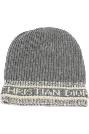 CHRISTIAN DIOR LOGO INTARSIA CASHMERE BLEND RIBBED BEANIE ONE SIZE