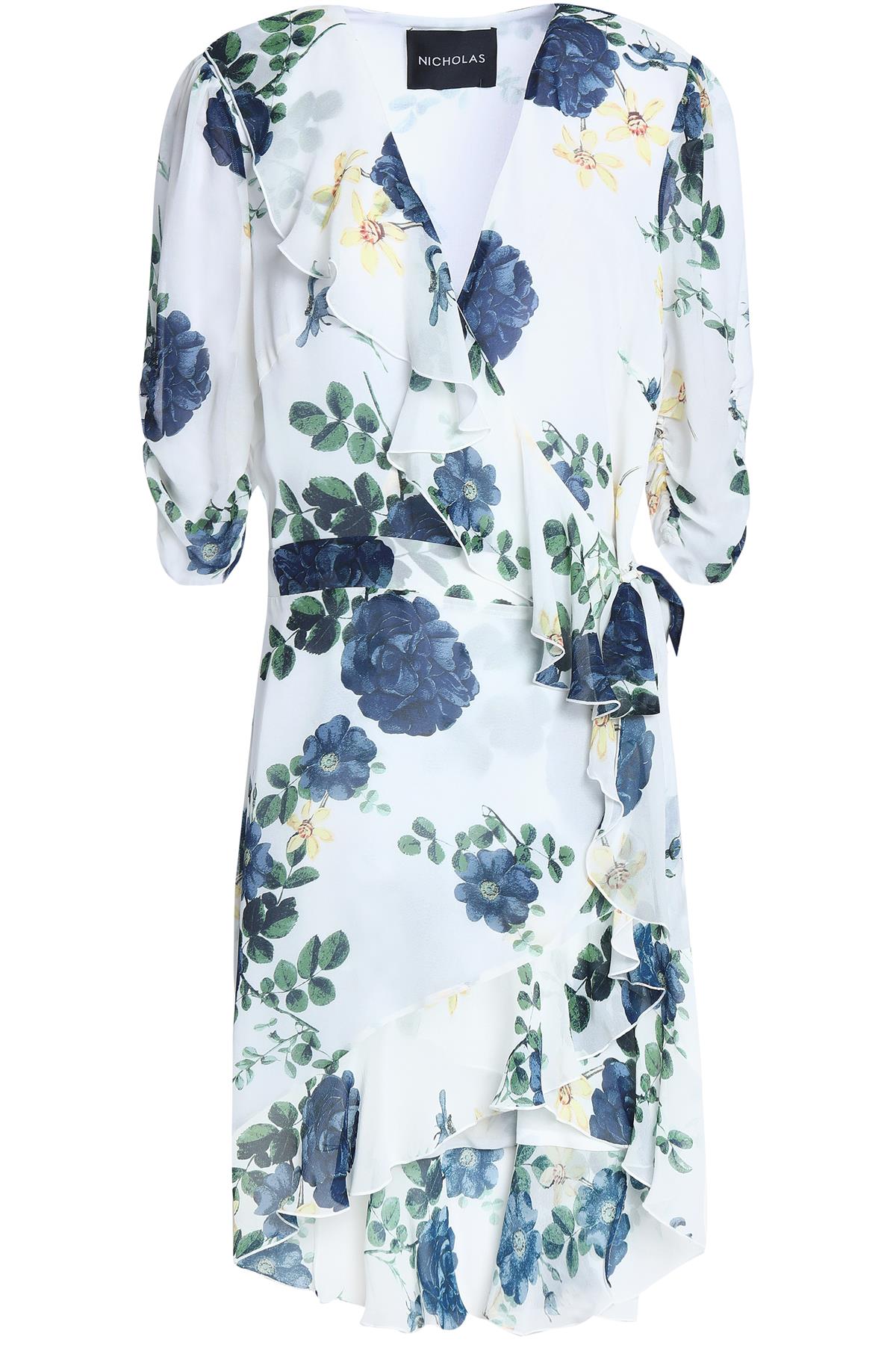NICHOLAS RUFFLED FLORAL PRINT SILK GEORGETTE MINI WRAP DRESS UK 14