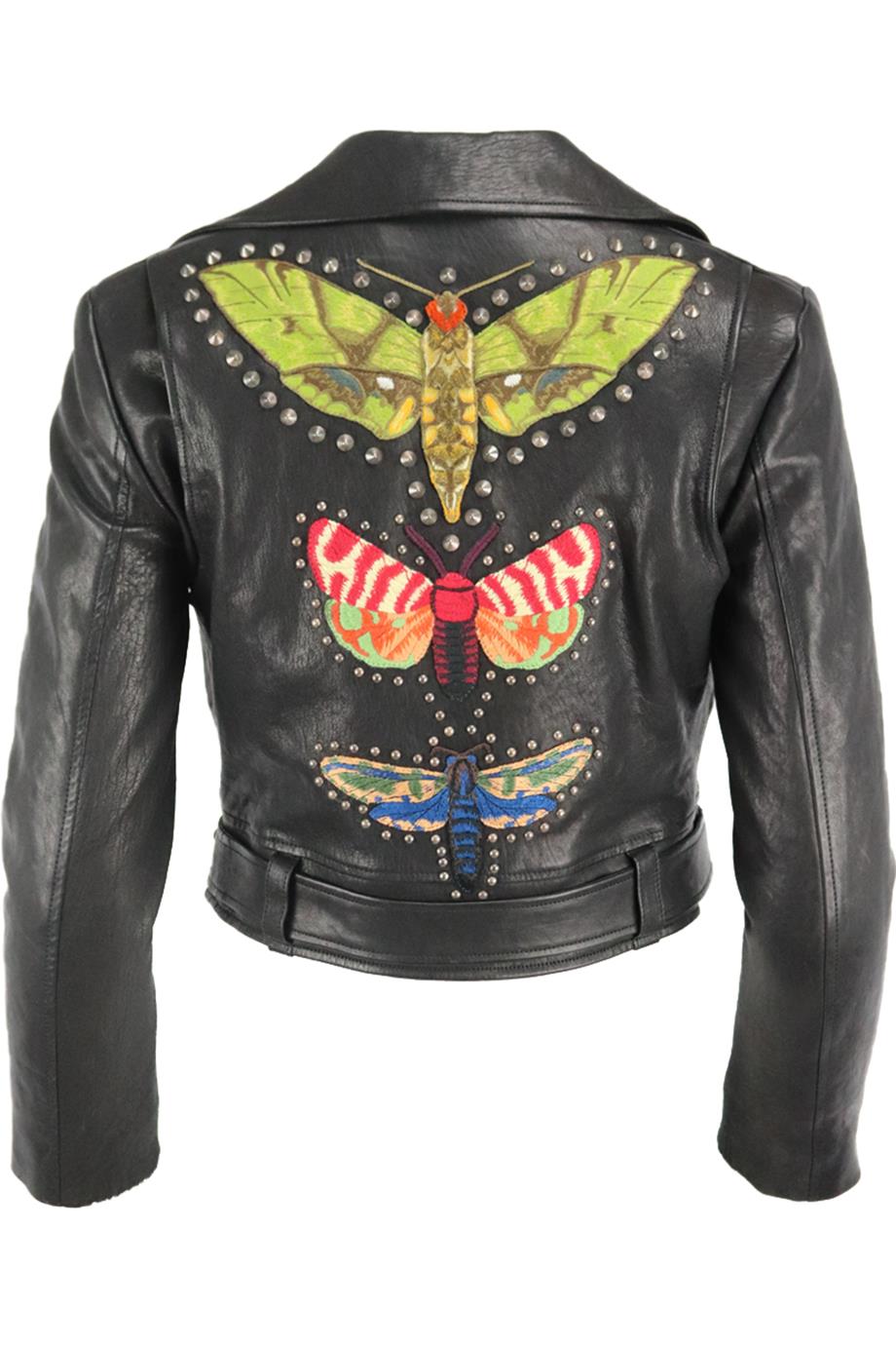 GUCCI STUDDED APPLIQUÉD LEATHER BIKER JACKET IT 42 UK 10