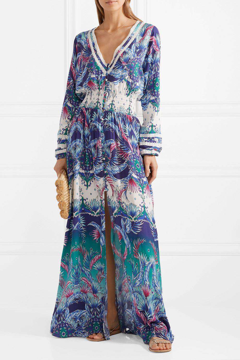 MELISSA ODABASH CAROLINE SMOCKED PRINTED VOILE MAXI DRESS MEDIUM