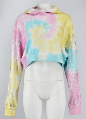 FRANKIE B CROPPED EMBELLISHED TIE DYED COTTON JERSEY HOODIE SMALL