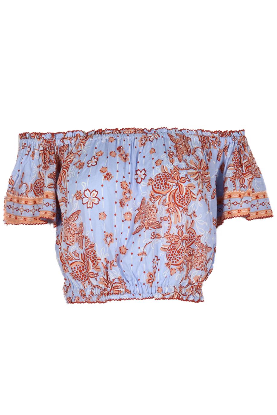 POUPETTE ST BARTH CROPPED OFF THE SHOULDER PRINTED VOILE TOP MEDIUM-LARGE