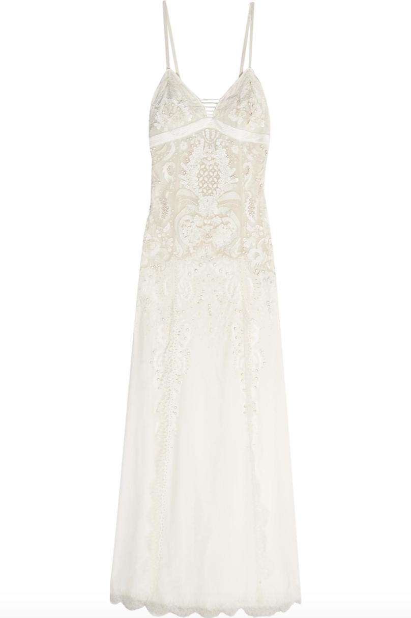 ROBERTO CAVALLI LACE TRIMMED EMBELLISHED WASHED SILK GOWN IT 42 UK 10