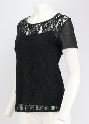 DKNY LEATHER TRIMMED LACE TOP LARGE