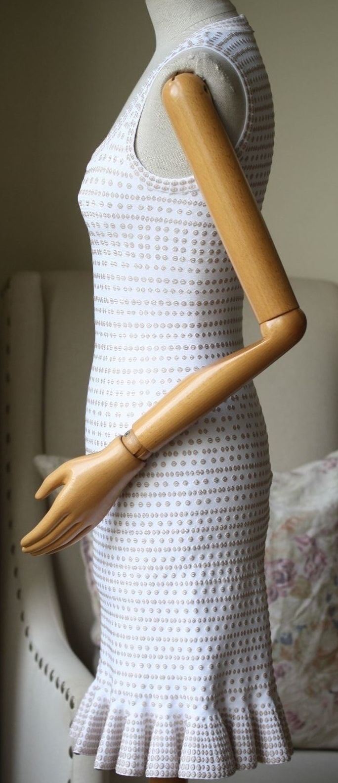 AZZEDINE ALAIA WHITE AND BEIGE DOTTED DRESS FR 36 UK 8