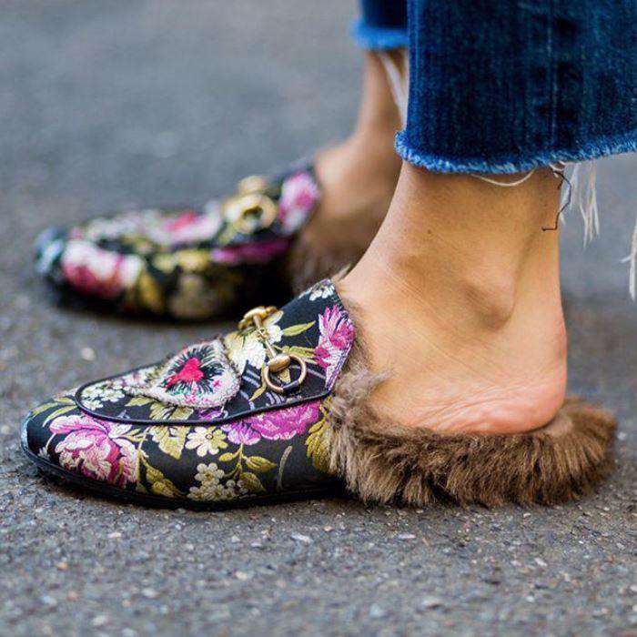 GUCCI PRINCETOWN BROCADE EMBROIDERED FUR LINED SLIPPERS EU 38 UK 5 US 8