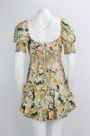 ALICE AND OLIVIA SHIRRED FLORAL PRINT COTTON MINI DRESS UK 8