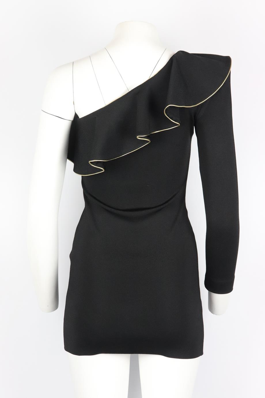 BALMAIN ONE SHOULDER RUFFLED STRETCH KNIT MINI DRESS FR 36 UK 8