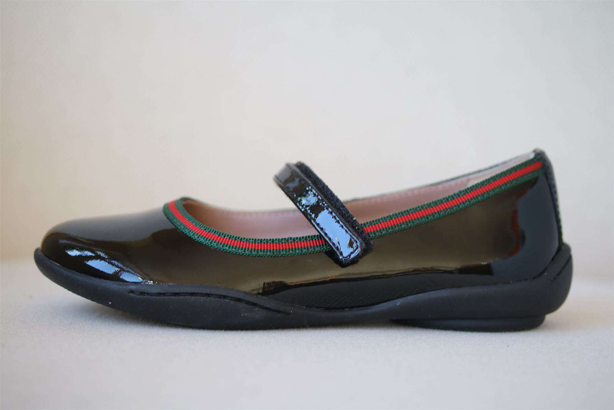 GUCCI GIRLS BLACK PATENT WEB SHOES EU 25 UK 8