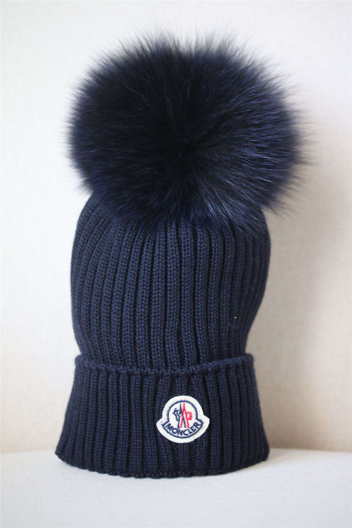 MONCLER KIDS NAVY BLUE WOOL HAT WITH FUR POM POM M 6-8 YEARS