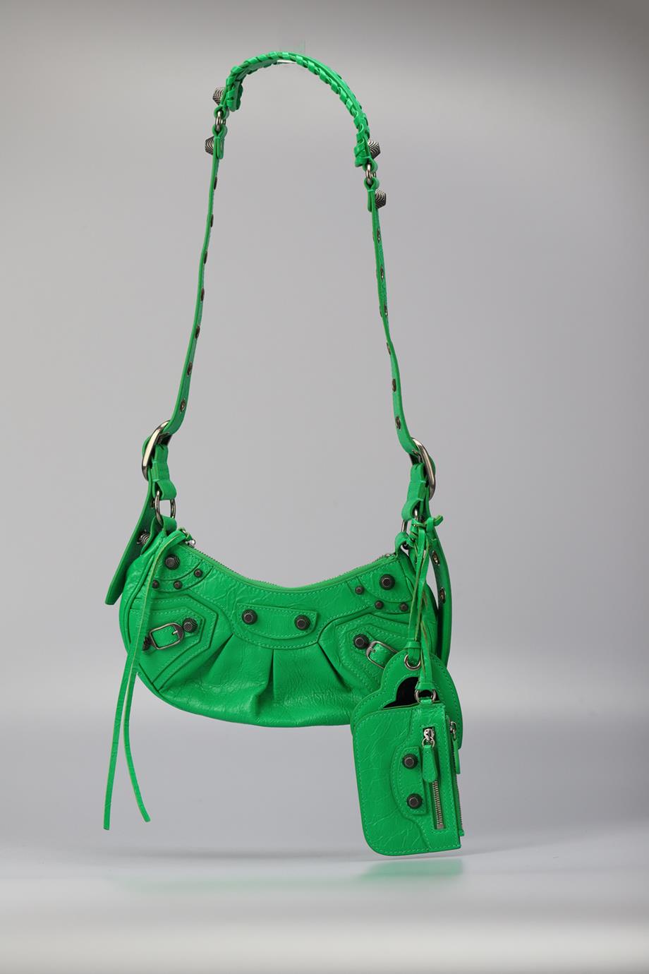 BALENCIAGA LE CAGOLE XS STUDDED CRINKLED LEATHER SHOULDER BAG