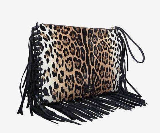 VALENTINO LEOPARD PRINT CALF HAIR FRINGE CLUTCH BAG