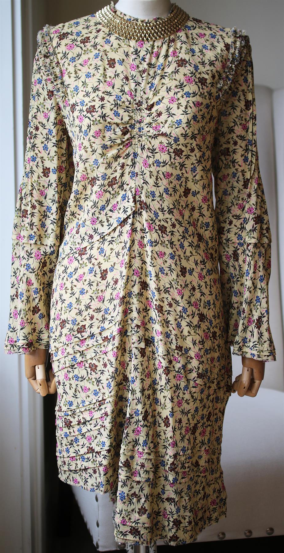 CHLOÉ EMBELLISHED RUFFLED FLORAL PRINT GEORGETTE MINI DRESS FR 42 UK 14