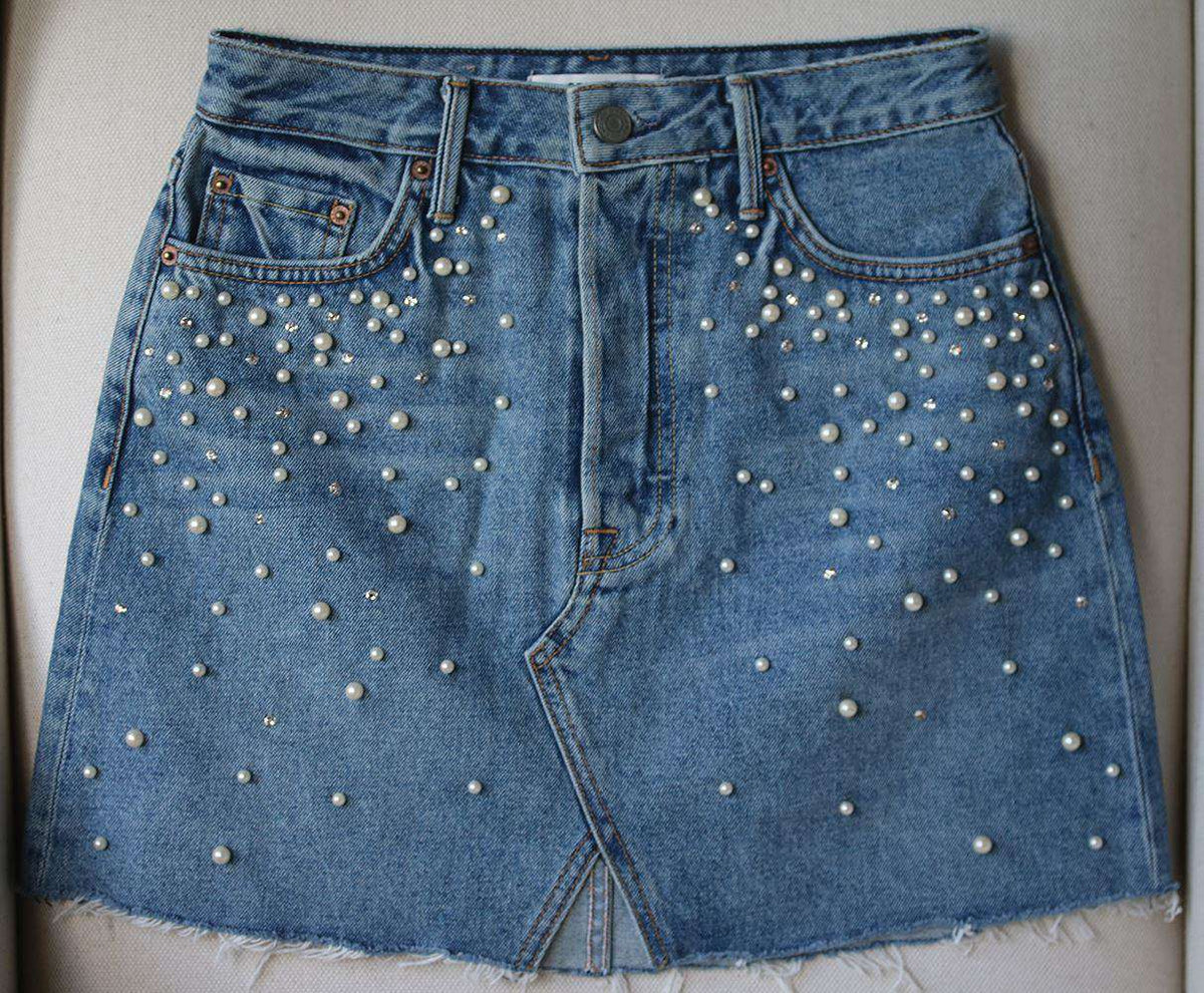 GRLFRND MILLA EMBELLISHED A-FRAME DENIM SKIRT IN SOLSTICE W25 UK 6/8