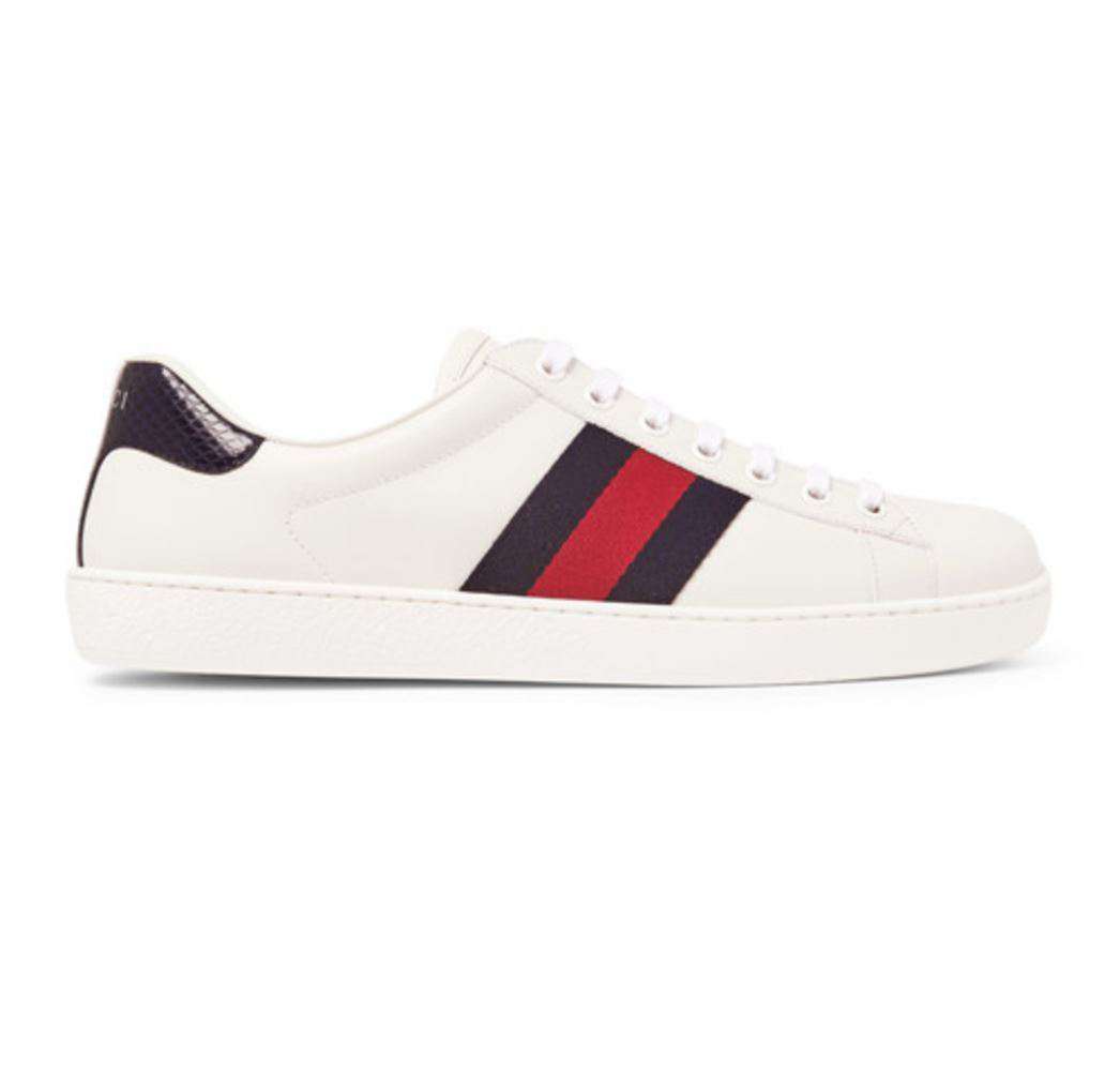 GUCCI ACE WATERSNAKE TRIMMED LEATHER SNEAKERS EU 38.5 UK 5.5 US 8.5